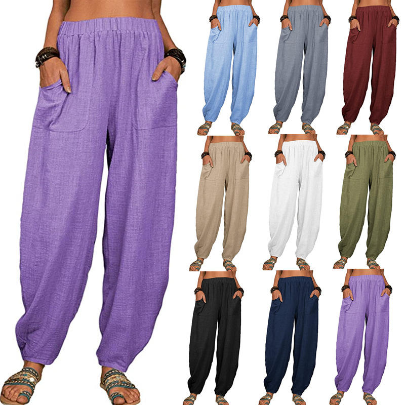 Latest Women Cotton Linen Trousers Casual Pants Summer Yoga Home Street Beach Pants Loose Elastic Waist Pocket Lounge Pants