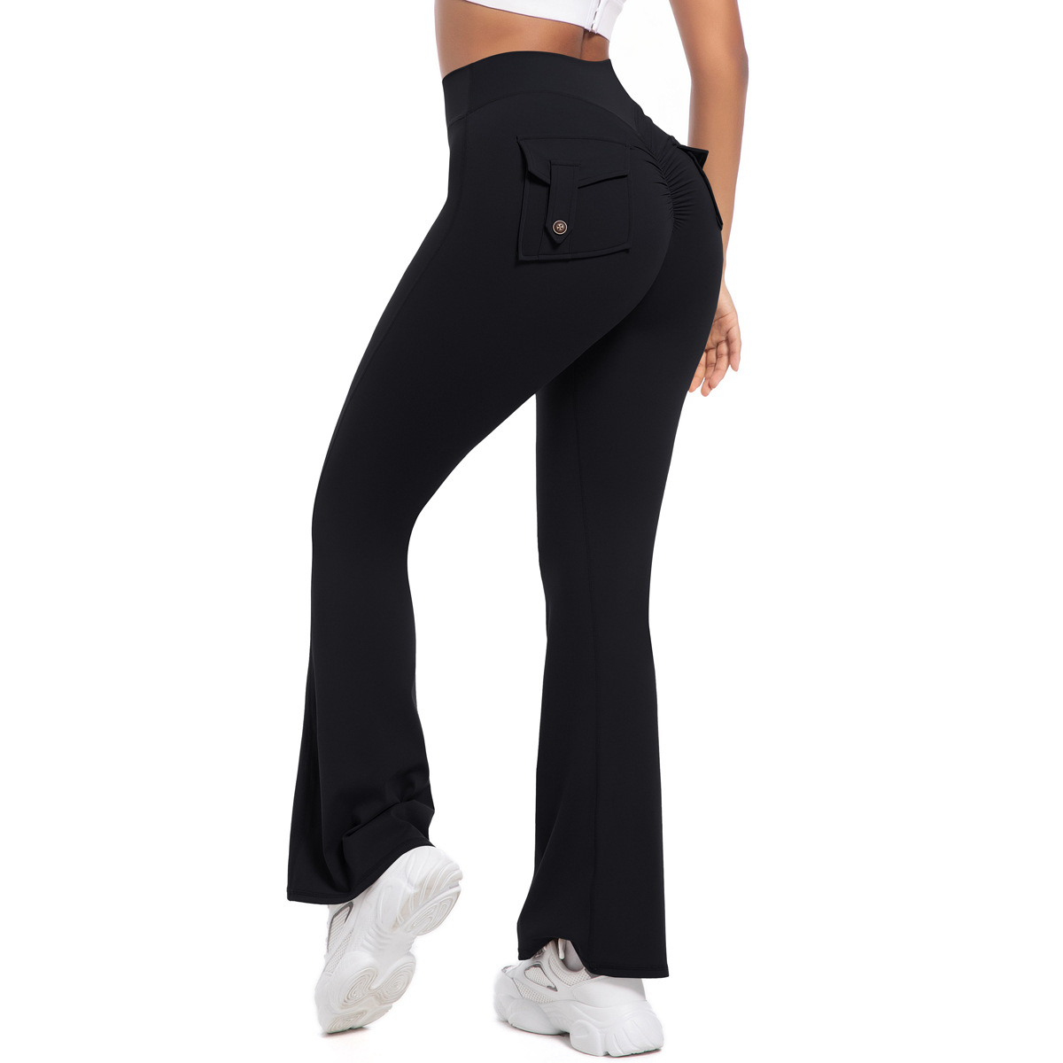 Button Peach High-Waisted Tight Yoga Bell-Bottoms Fitness Sports Wide-Leg Boot-Cut Yoga Pants for Women