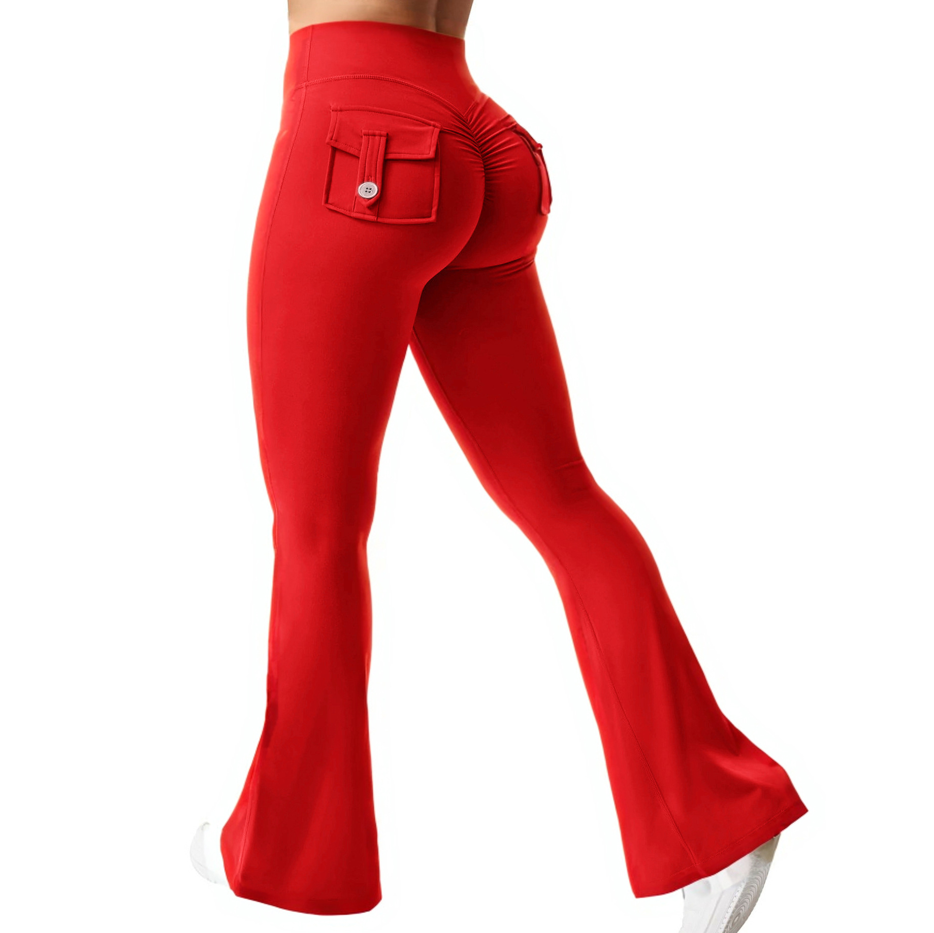 Yuhong Women's High Waist Bootcut Flared Yoga Pants Cargo Pocket Elastic Tummy Control Workout Leggings Eco-friendly Spandex Mat