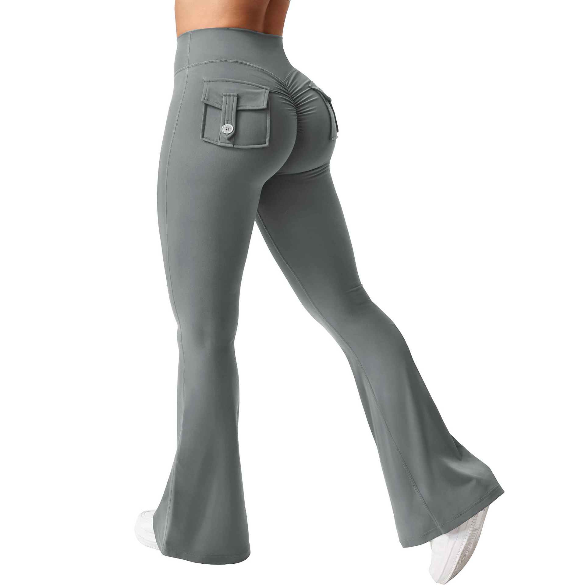 Women's High Waist Bootcut Flared Yoga Pants Cargo Pocket Elastic Tummy Control Workout Leggings Eco-Friendly Spandex Material