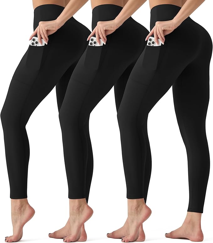 3-pack Women's Solid Elastic Waist Pocket Leggings High Waisted Compression Yoga Pants for Regular &amp; Plus Sizes
