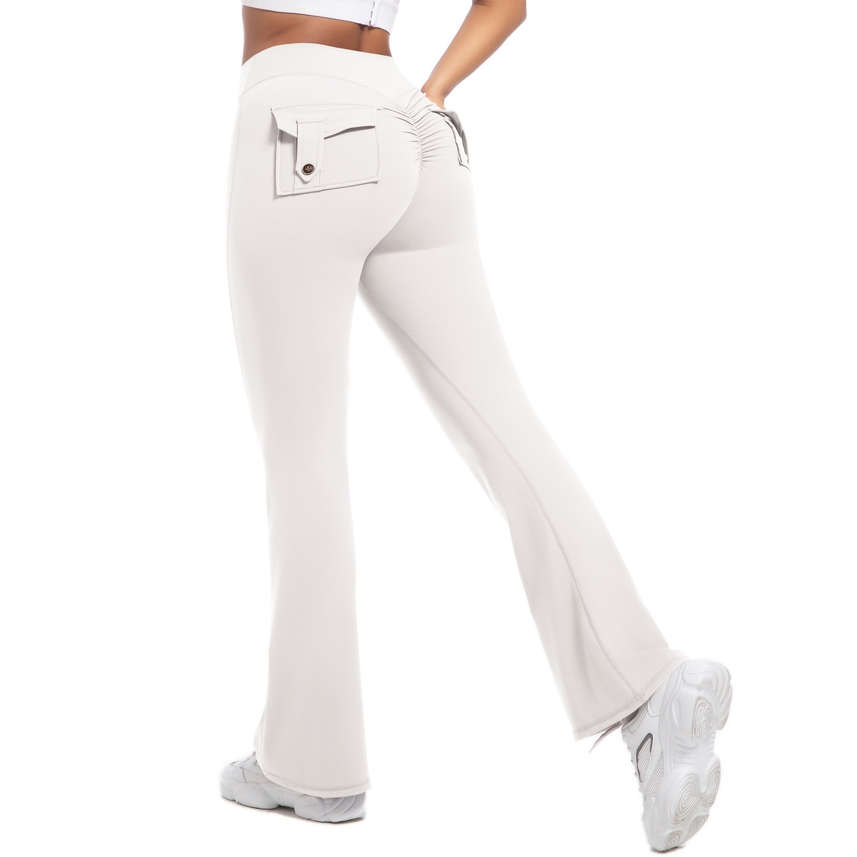 Button Peach High-Waisted Tight Yoga Bell-Bottoms Fitness Sports Wide-Leg Boot-Cut Yoga Pants for Women
