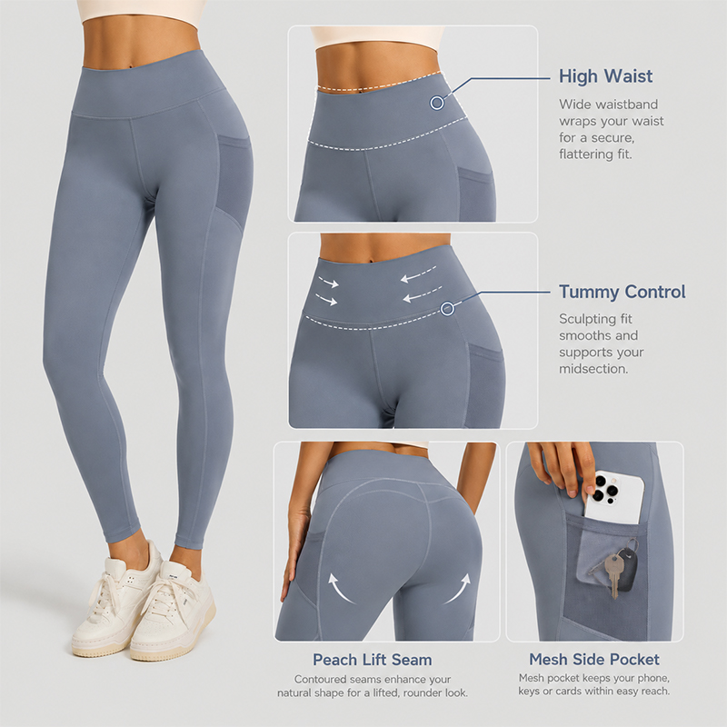 Women's Mesh Side Pocket Yoga Leggings High Waist Tummy Control Peach Lift Seam Stretchy Breathable Fitness Gym Running Pants