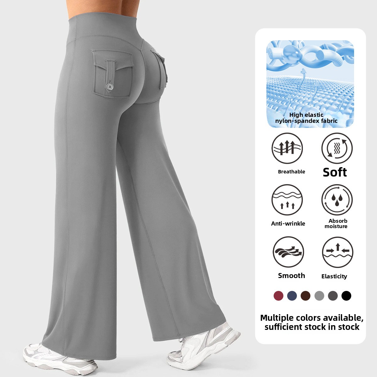 Running High Elastic Solid Full Length Yoga Pants Straight Workwear Pockets Quick-drying Breathable Hip-lifting Sports