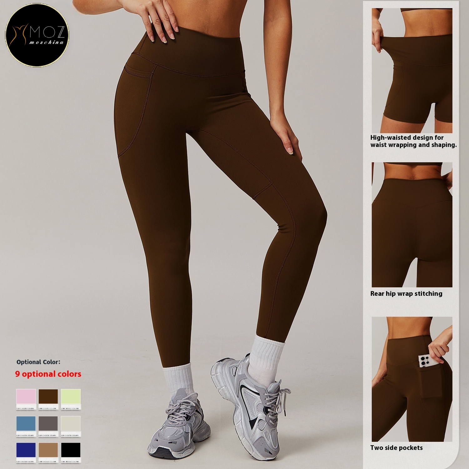 Women's High Waist Breathable Yoga Pants Tummy Control Fitness Leggings with Side Pockets Solid Pattern Workout Running Tights