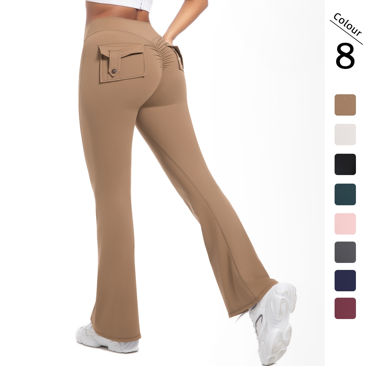 Button Peach High-Waisted Tight Yoga Bell-Bottoms Fitness Sports Wide-Leg Boot-Cut Yoga Pants for Women