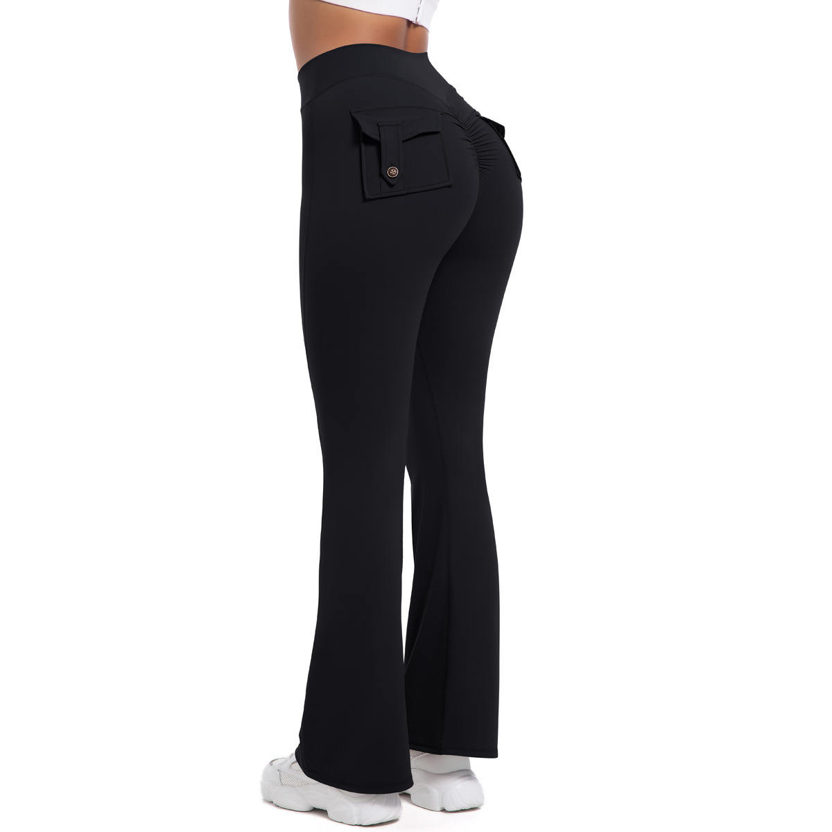 Button Peach High-Waisted Tight Yoga Bell-Bottoms Fitness Sports Wide-Leg Boot-Cut Yoga Pants for Women