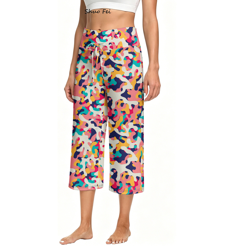Wholesale Custom Colorful Abstract Pattern Wide Leg Pants Buttery Soft High Rise Cropped Yoga Lounge Pants Functional Drawstring