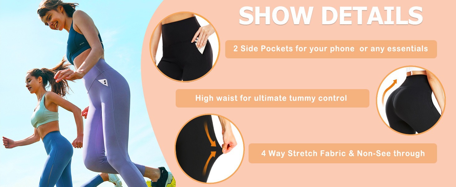 TNNZEET Leggings with Pockets for Women-Black Spandex Solid Four-Way Stretch High Waisted Yoga Pants with Tummy Control