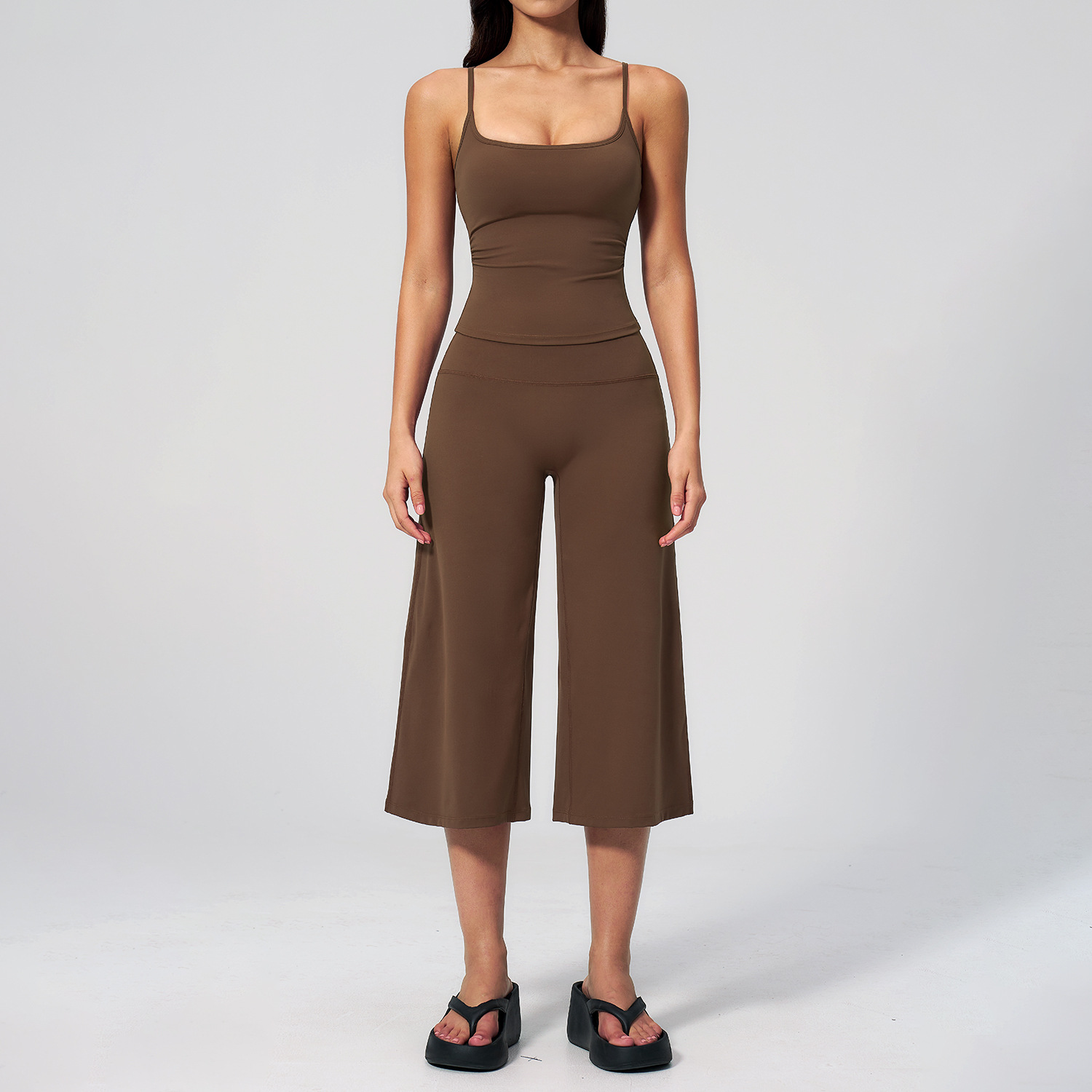 High Quality Plus Size Women's Solid Spandex/Nylon 2-Piece Set High Waist Quick-Drying Yoga Vest &amp; Mid-Length Pants
