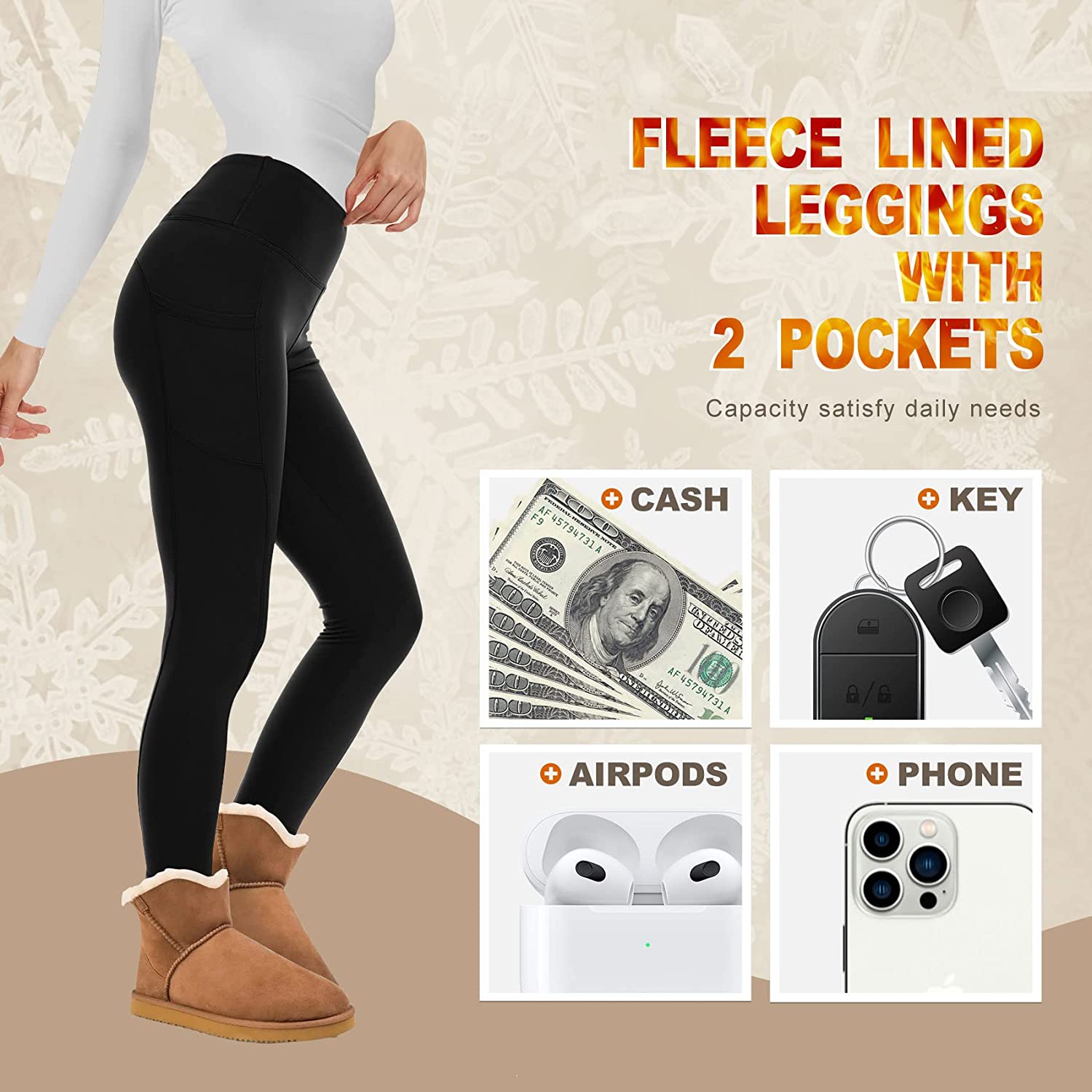 Wholesale Custom Women Elastic Waist Thick Thermal Leggings With Pocket Polyester Warm Winter Fleece Lined Yoga Leggings