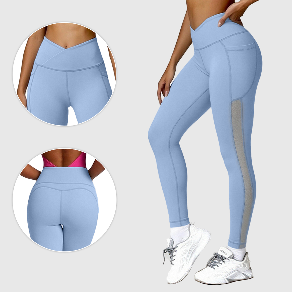 Solid Elastic Waist Breathable Side Mesh Cutout Yoga Pants with Phone Pockets for Gym &amp; Running