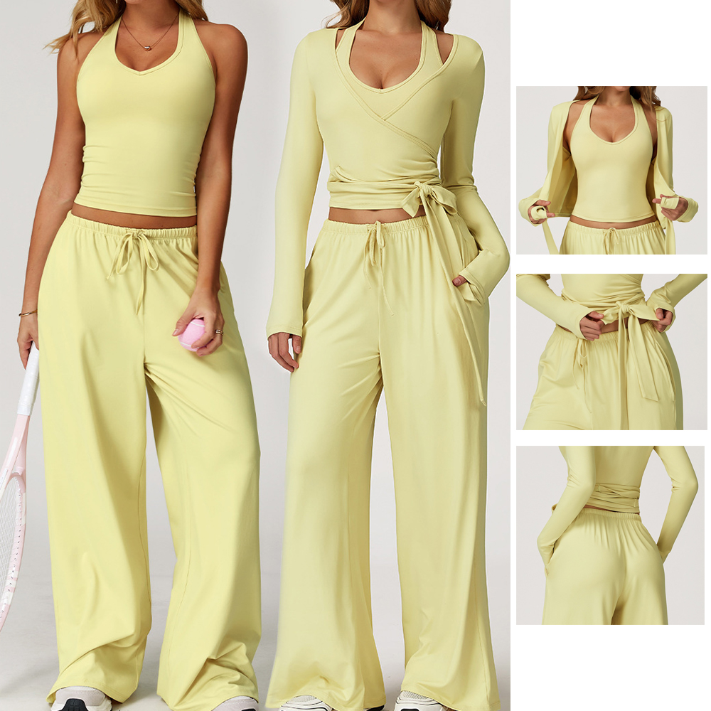 3-Piece Set Autumn Pilates Vetement Outfits Yoga Costume Pants Women Ballet Wrap Top Activewear Set Ballerina Cross Top