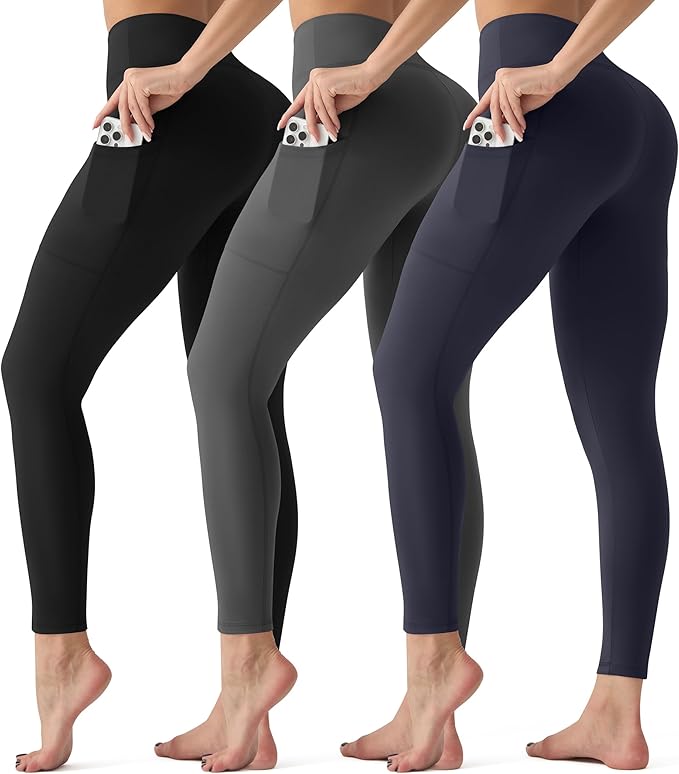 3-pack Women's Solid Elastic Waist Pocket Leggings High Waisted Compression Yoga Pants for Regular &amp; Plus Sizes