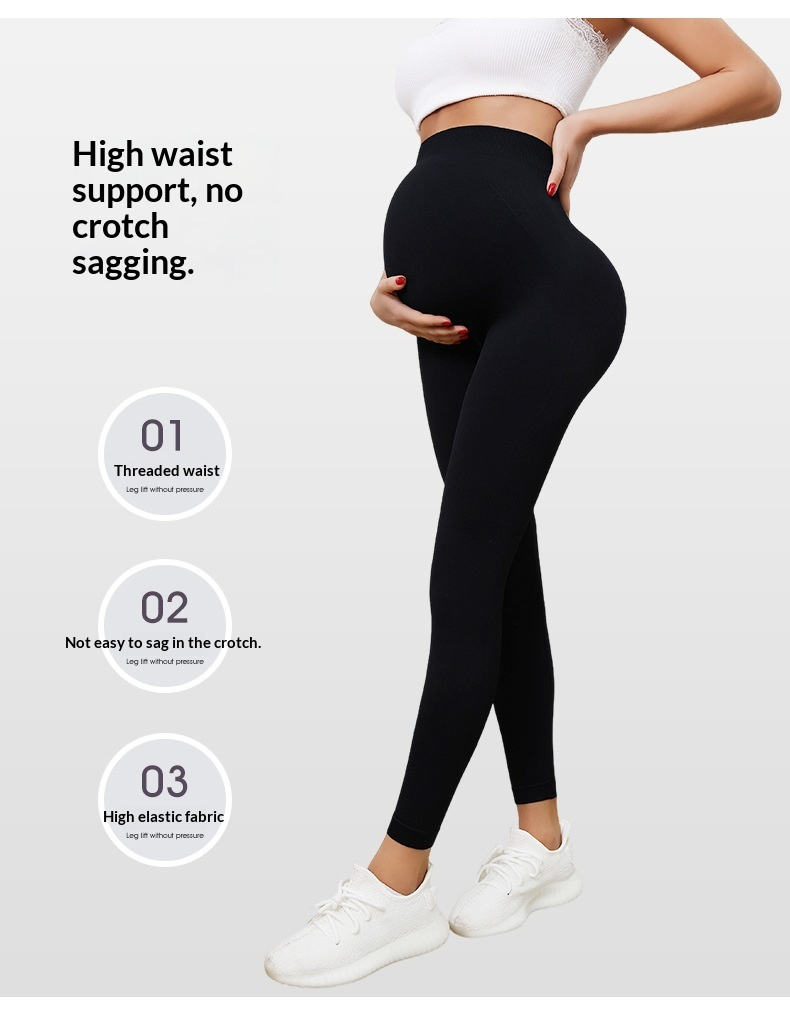 Pregnant Women Yoga Leggings Slim-fit High Waist Elastic Waist Ruched Seamless Spandex/Nylon Ankle-Length Ribbed Black Sports