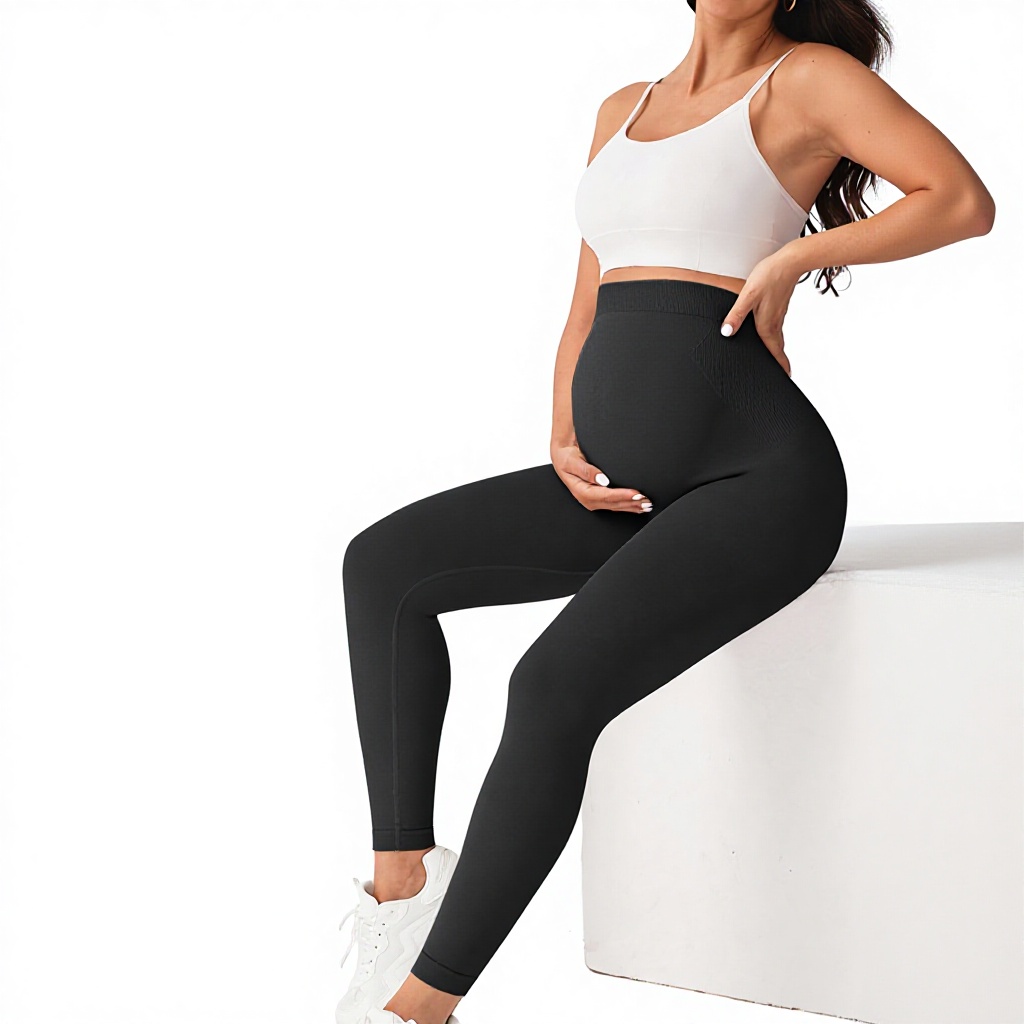 Pregnant Women Yoga Leggings Slim-fit High Waist Elastic Waist Ruched Seamless Spandex/Nylon Ankle-Length Ribbed Black Sports