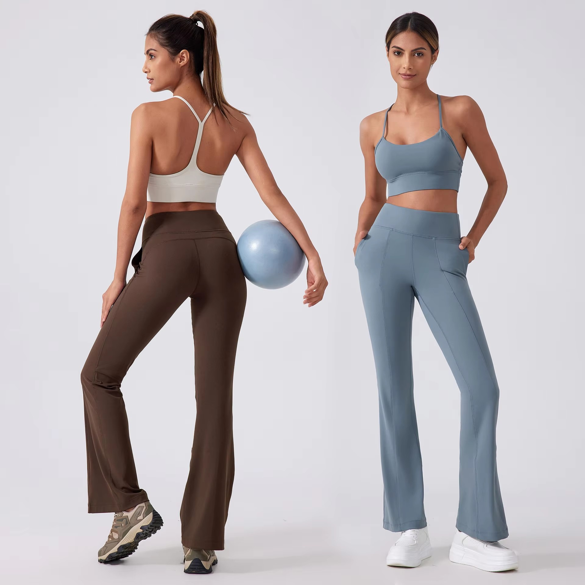 SHINBENE 31" Women's High Waist Flare Yoga Pants with Elastic Waist Closure Lounge Bootcut Leggings with Pockets Solid Pattern