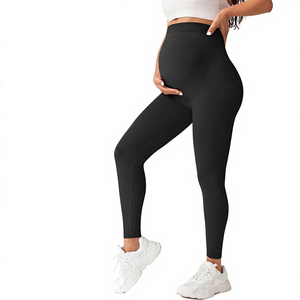 Pregnant Women Yoga Leggings Slim-fit High Waist Elastic Waist Ruched Seamless Spandex/Nylon Ankle-Length Ribbed Black Sports