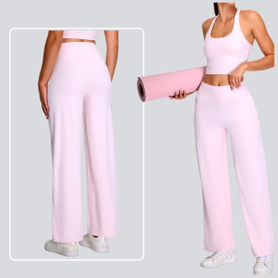 Women High Waist Ribbed Yoga Pants Loose Straight Leg Trousers Pockets Autumn Winter Casual Workout Fitness Gym Activewear