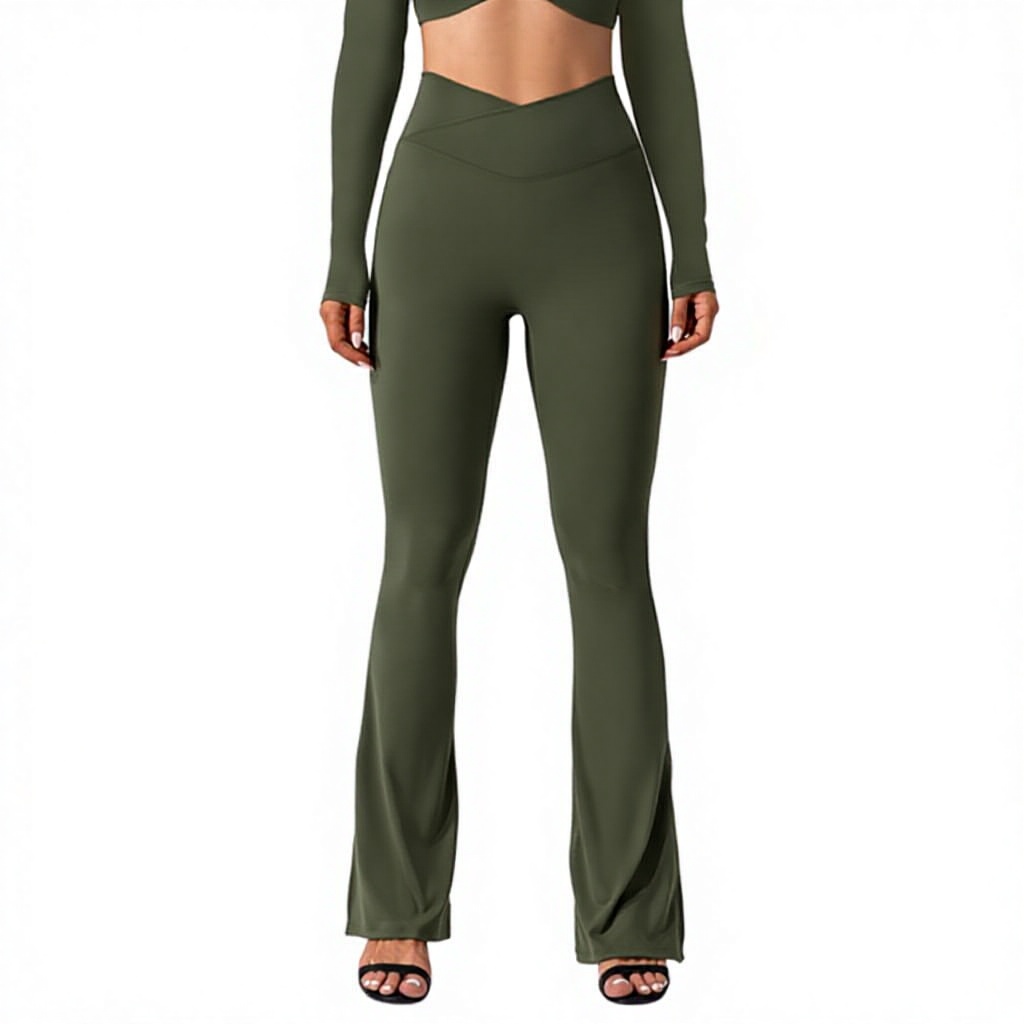 Outdoor Sports Running Yoga Flared Pants Mid Waist Butt Lifting Full Length Velour Sporty Side Pocket Cuff Split Design 362