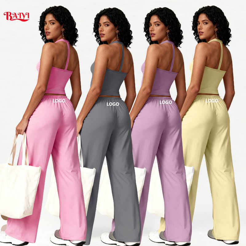 Custom Logo Yoga Outfit Women Tank Top High Waist Loose Pants Fitness Workout Sets Breathable Quick Dry Gym Activewear Tracksuit