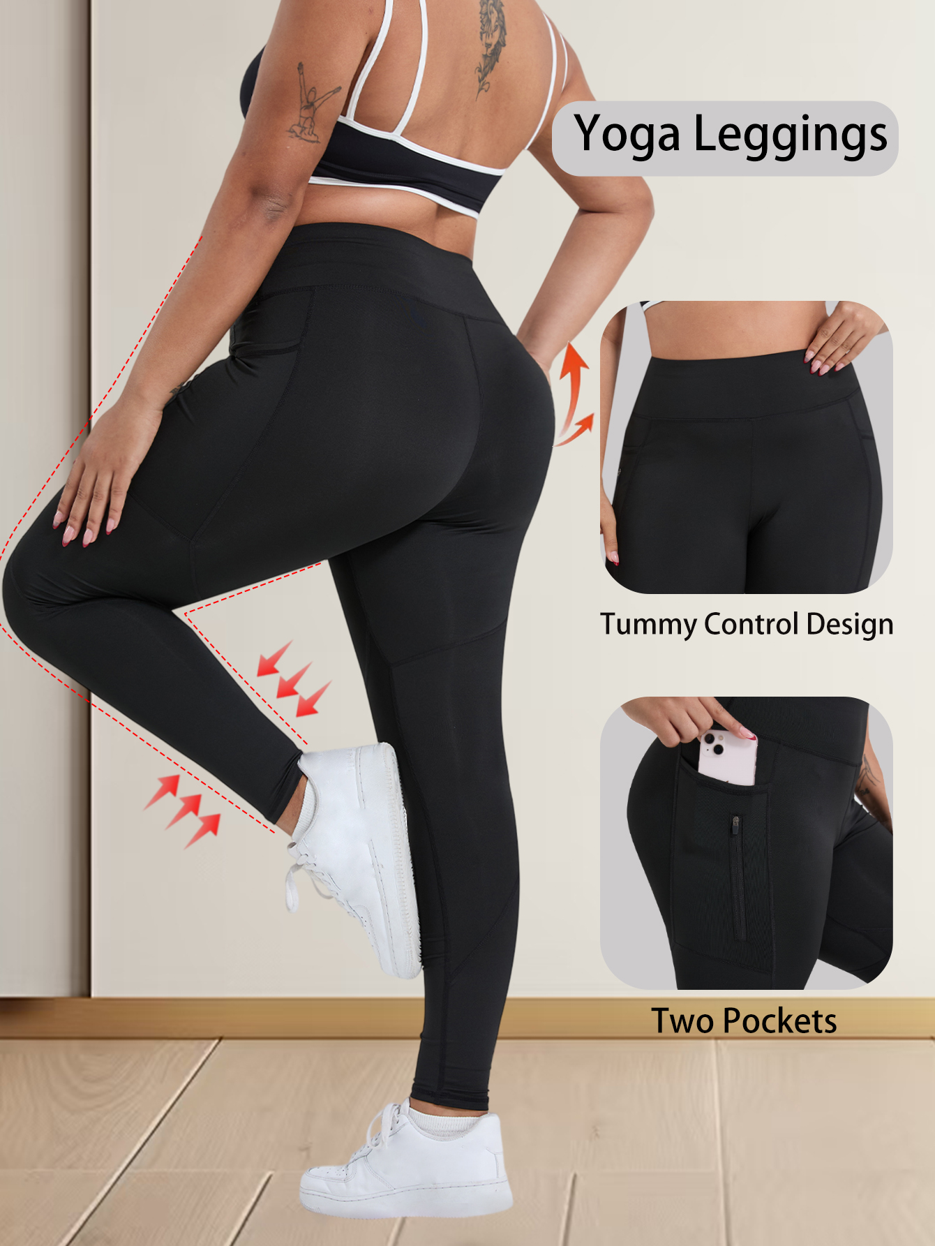 Plus Size Yoga Leggings with Zipper Pockets Training Workout Sports Gym Leggings High Waist Yoga Pants Women Gym Clothes