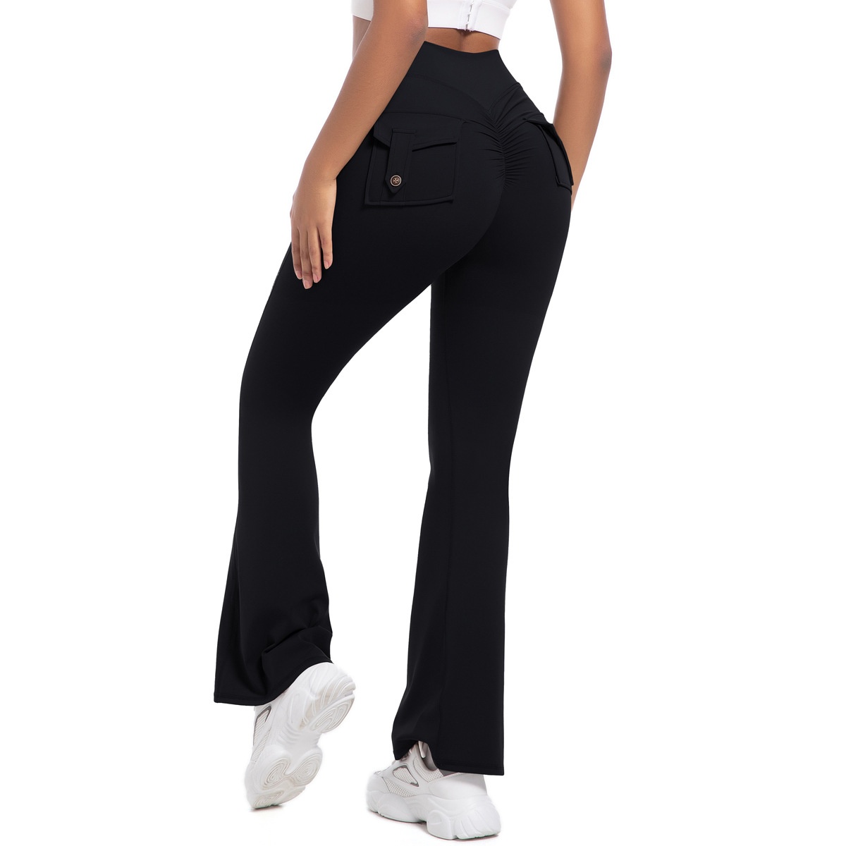 Button Peach High-Waisted Tight Yoga Bell-Bottoms Fitness Sports Wide-Leg Boot-Cut Yoga Pants for Women