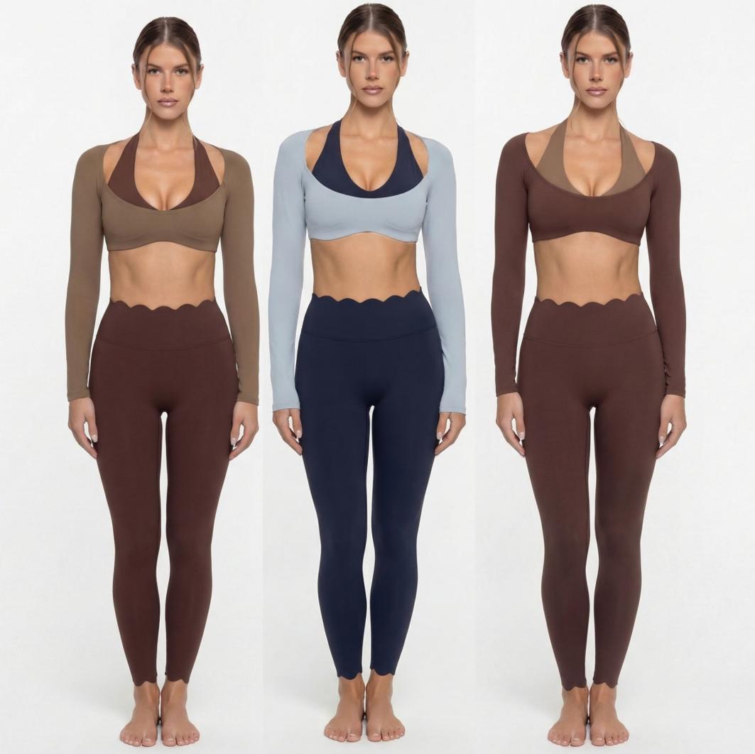 Ladies Contrast Active Wear Set Long Sleeves Halter Crop Top &amp; High Waist Scallop Pants Fitness Yoga Wear Suit