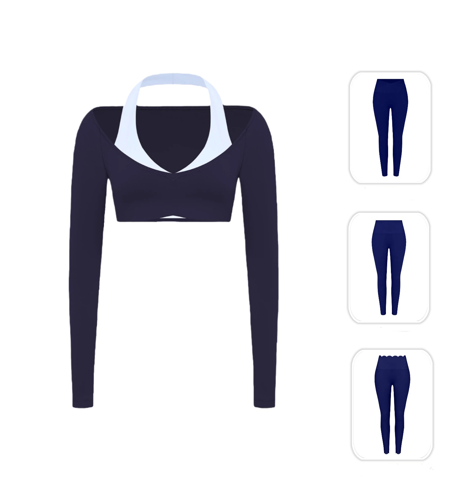 Ladies Contrast Active Wear Set Long Sleeves Halter Crop Top &amp; High Waist Scallop Pants Fitness Yoga Wear Suit