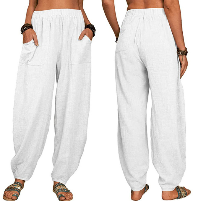 Latest Women Cotton Linen Trousers Casual Pants Summer Yoga Home Street Beach Pants Loose Elastic Waist Pocket Lounge Pants