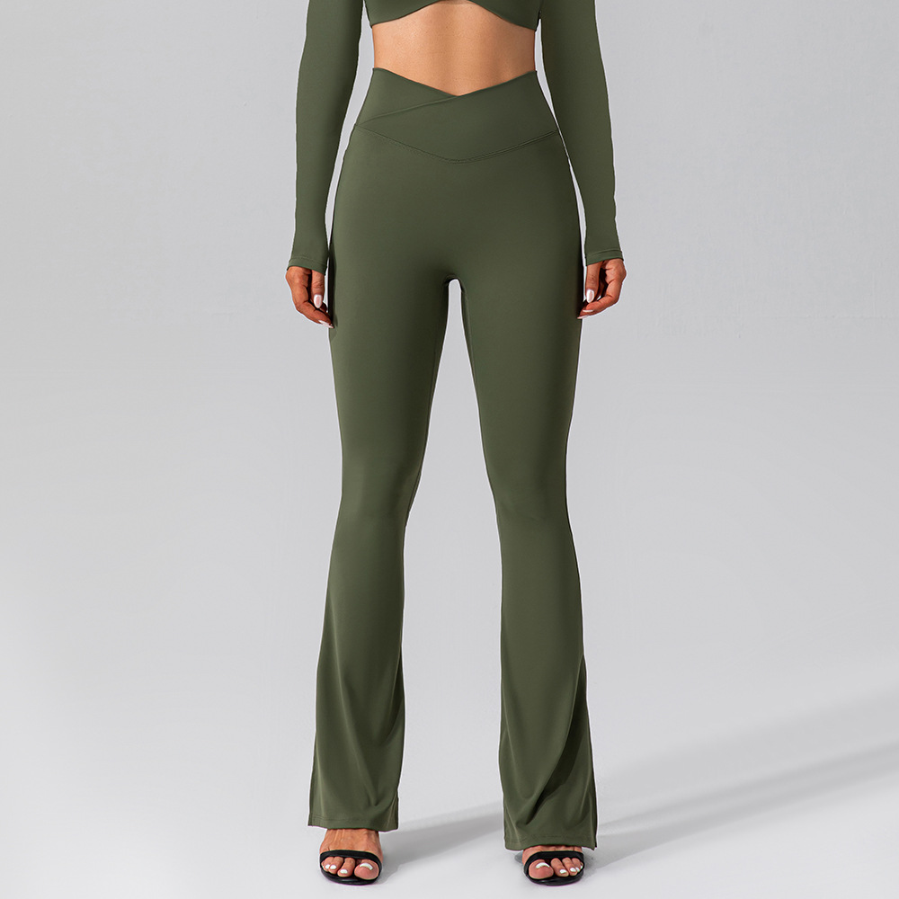 Outdoor Sports Running Yoga Flared Pants Mid Waist Butt Lifting Full Length Velour Sporty Side Pocket Cuff Split Design 362