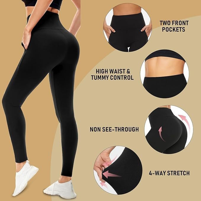 TNNZEET Leggings with Pockets for Women-Black Spandex Solid Four-Way Stretch High Waisted Yoga Pants with Tummy Control