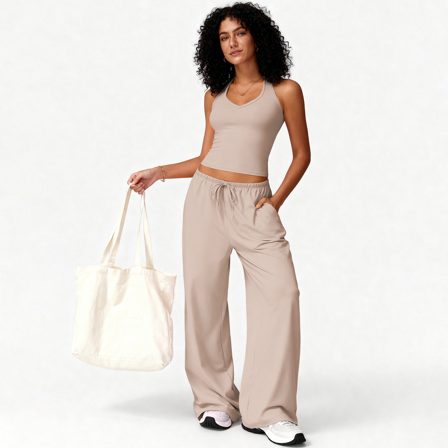 Custom Logo Yoga Outfit Women Tank Top High Waist Loose Pants Fitness Workout Sets Breathable Quick Dry Gym Activewear Tracksuit