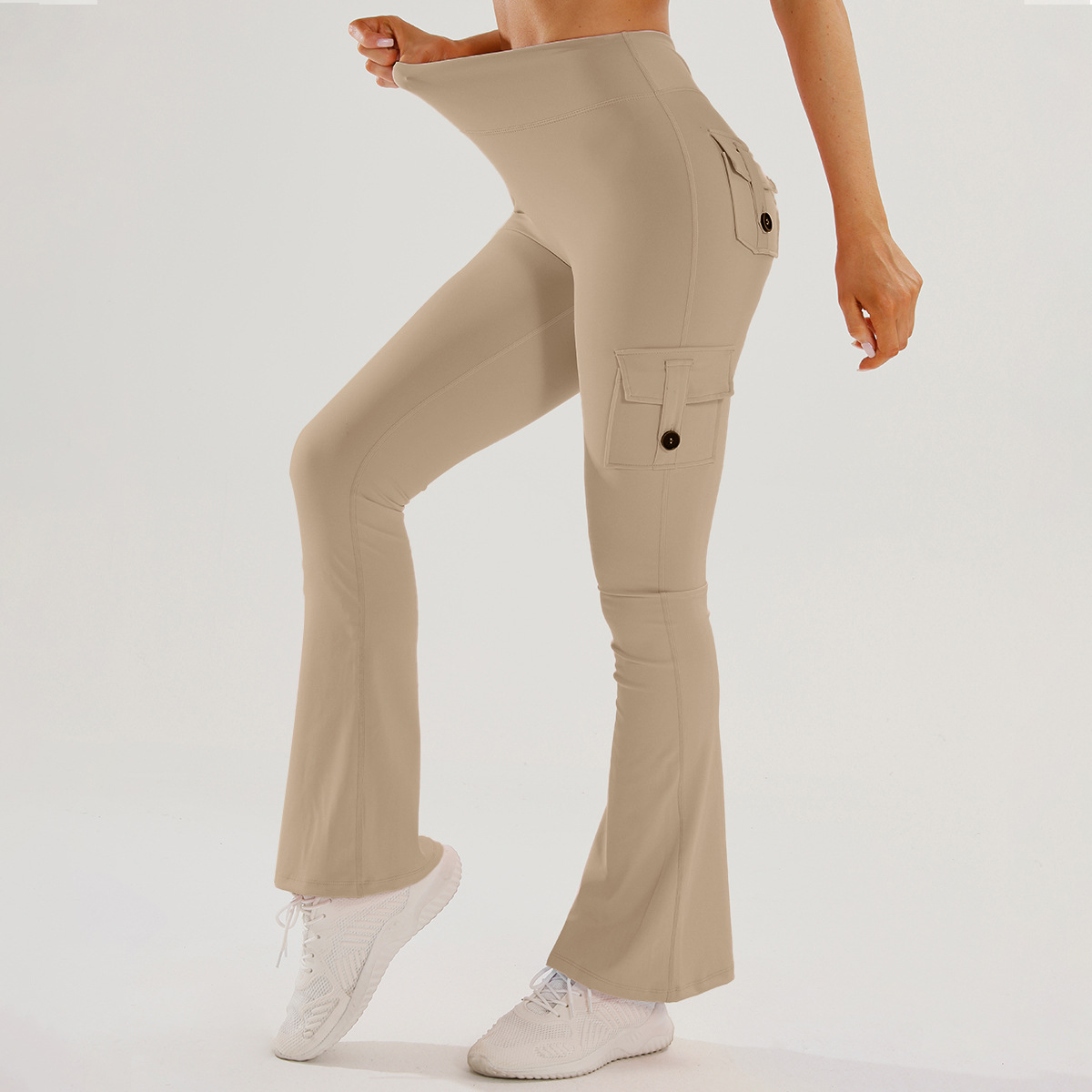High-Waisted Solid Elastic Waist Pocket Yoga Pants Cargo Flared Sports Women's Slim Fit Butt-Lifting Peach Butt