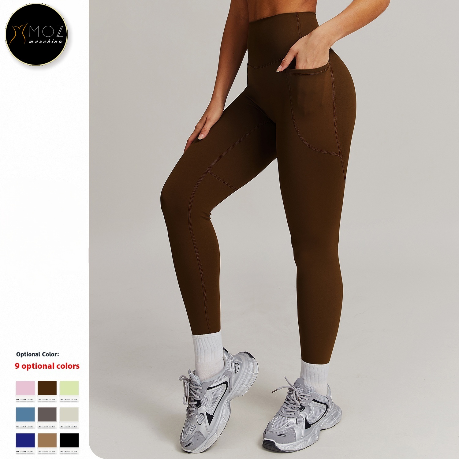 Women's High Waist Breathable Yoga Pants Tummy Control Fitness Leggings with Side Pockets Solid Pattern Workout Running Tights
