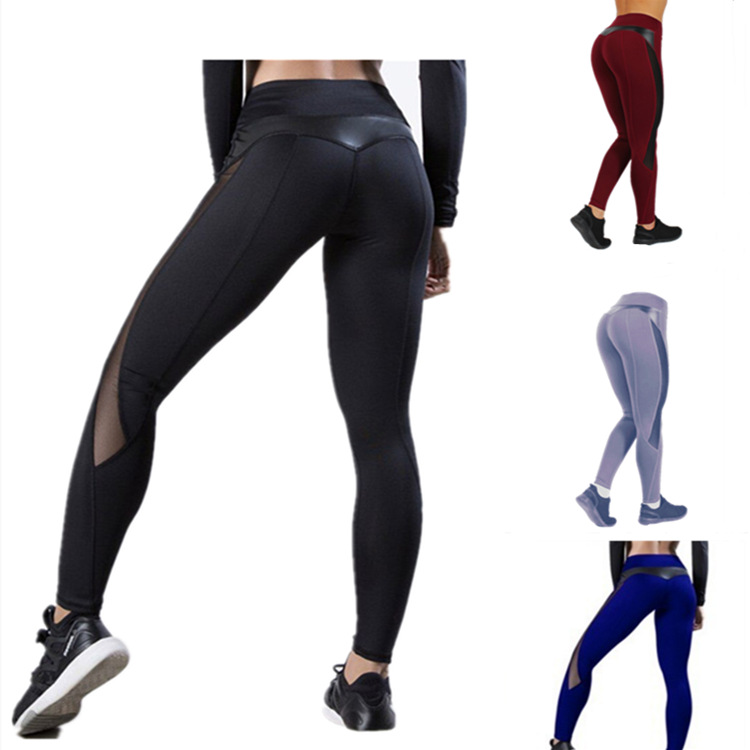 Yoga Pants Spliced Mesh Leather Sexy Breathable Sweat-Absorbent Tight-Fitting Boot Cut Women
