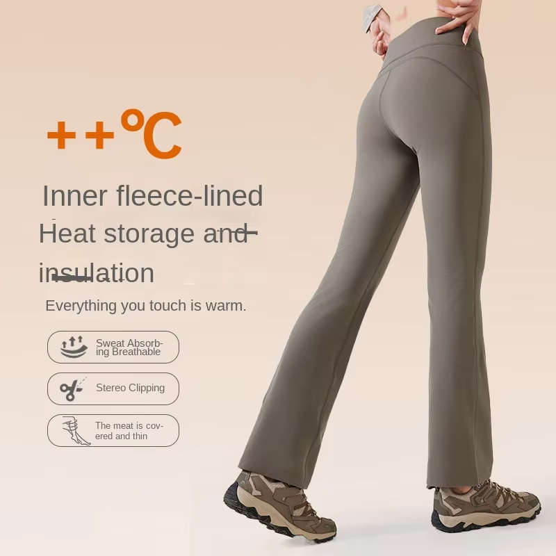 Women's High-Waisted Yoga Pants Stretch Flared Design Fleece Slimming Hip Lifting Elastic Waist Closure Fitness Yoga Pants