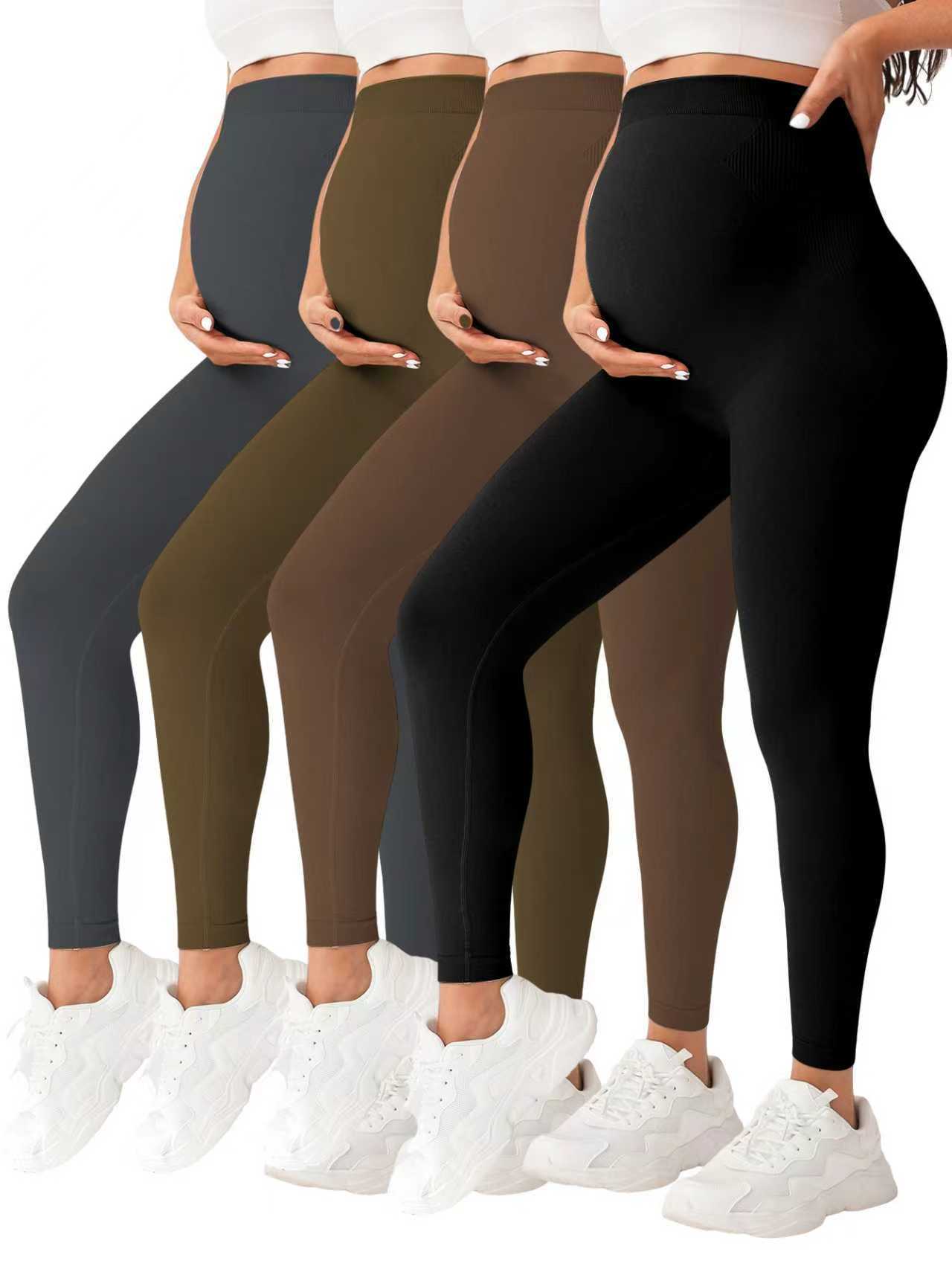 Pregnant Women Yoga Leggings Slim-fit High Waist Elastic Waist Ruched Seamless Spandex/Nylon Ankle-Length Ribbed Black Sports