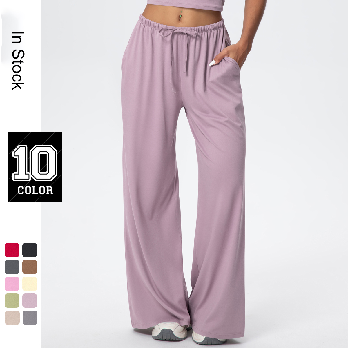Women's Brushed Comfy High-Waist Wide Leg Yoga Pants with Elastic Waist &amp; Pockets-Four-Way Stretch Sports Casual