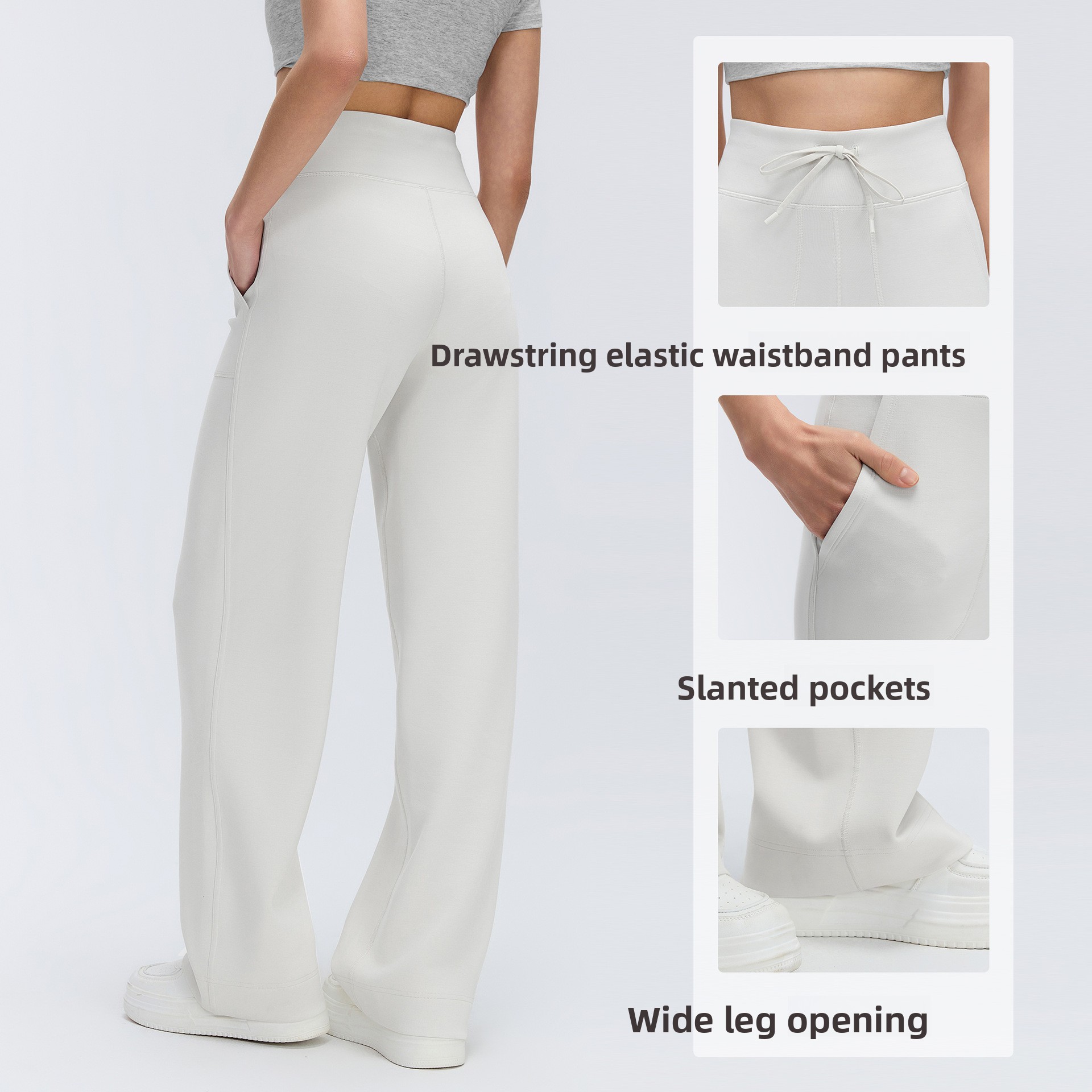 High Elastic Waist Loose Casual Breathable Full Length Wide Leg Pants Women's Pilates Fitness Yoga Spring Drawing String