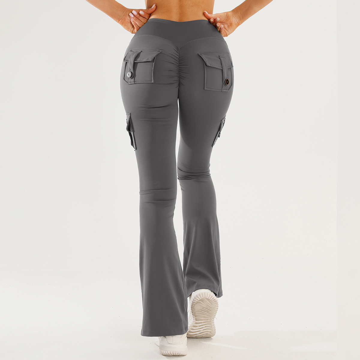 High-Waisted Solid Elastic Waist Pocket Yoga Pants Cargo Flared Sports Women's Slim Fit Butt-Lifting Peach Butt