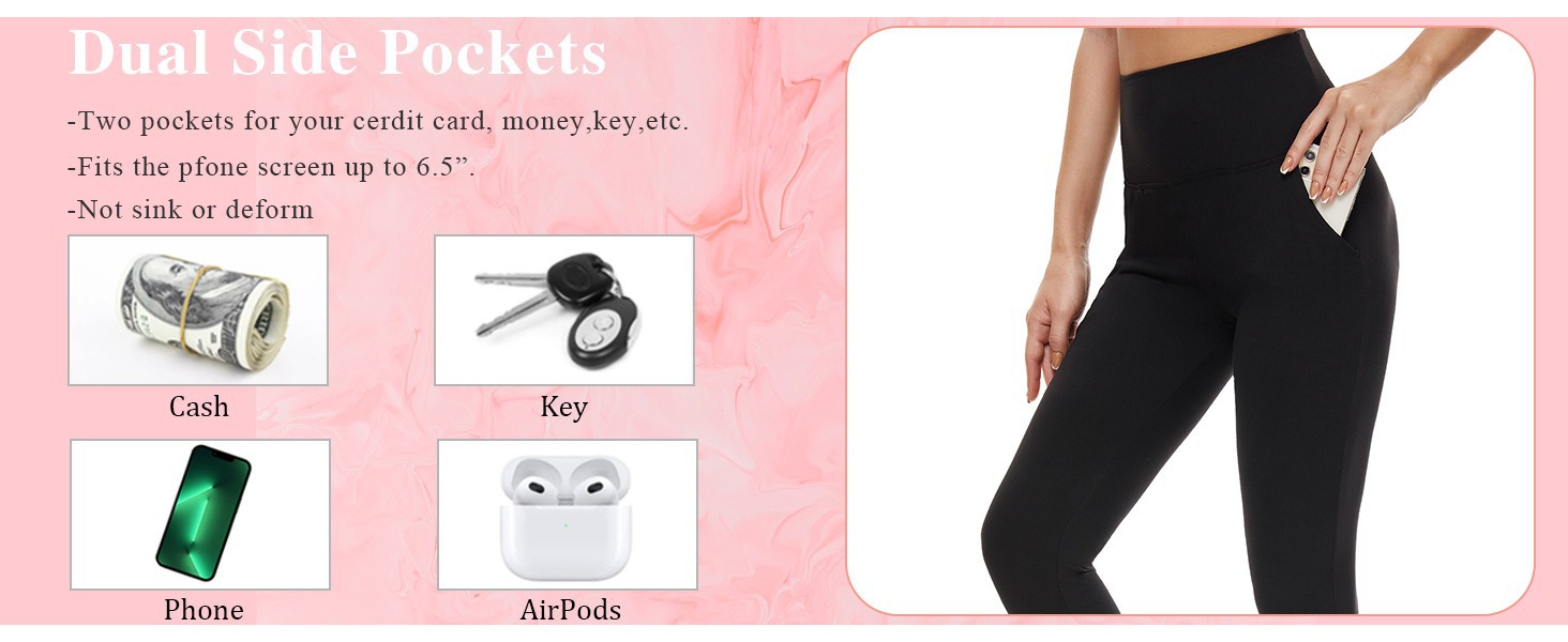 TNNZEET Leggings with Pockets for Women-Black Spandex Solid Four-Way Stretch High Waisted Yoga Pants with Tummy Control
