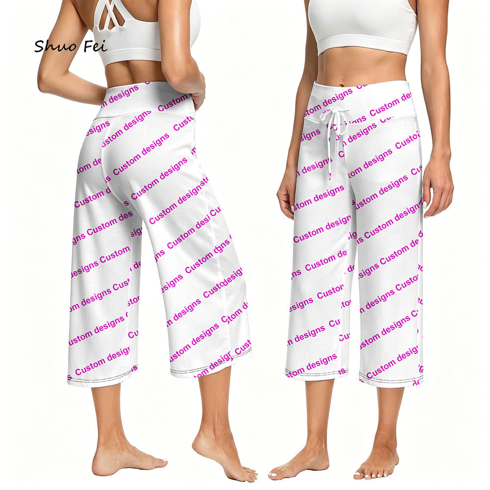 Wholesale Custom Colorful Abstract Pattern Wide Leg Pants Buttery Soft High Rise Cropped Yoga Lounge Pants Functional Drawstring