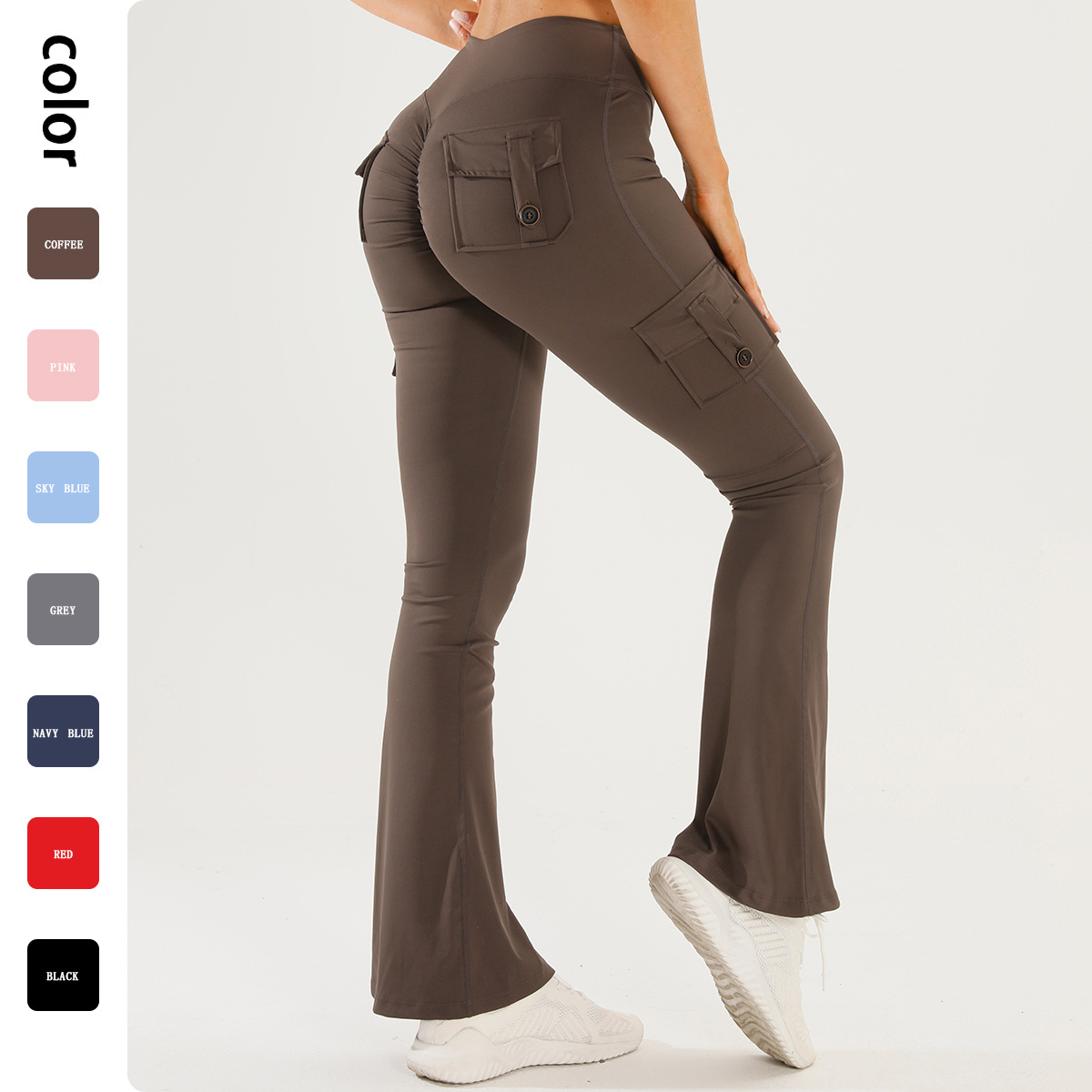 High-Waisted Solid Elastic Waist Pocket Yoga Pants Cargo Flared Sports Women's Slim Fit Butt-Lifting Peach Butt
