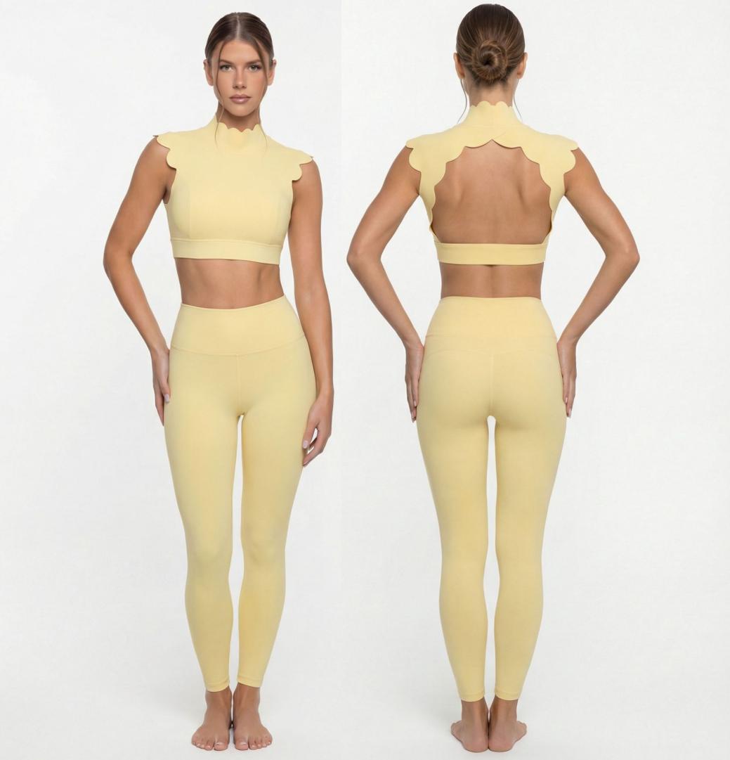 Ladies Hollow Back Scallop Active Wear Yoga Set Sleeveless Crop Top &amp; High Waist Pants Workout Gym Clothes Track Suit