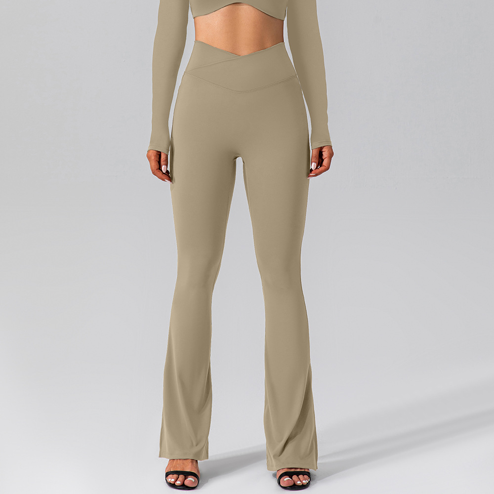 Outdoor Sports Running Yoga Flared Pants Mid Waist Butt Lifting Full Length Velour Sporty Side Pocket Cuff Split Design 362