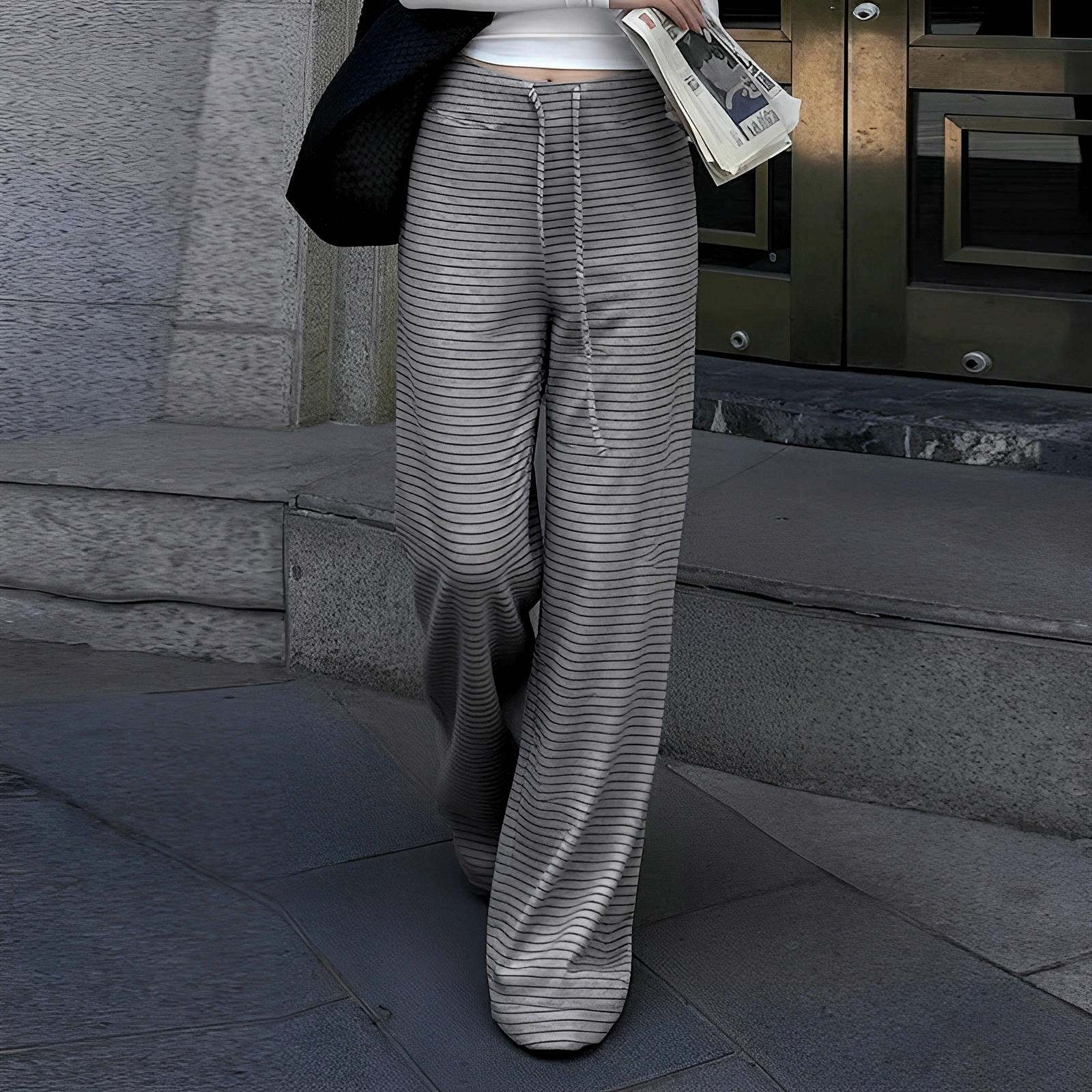 Women's Soft Knit Striped Straight Leg Lounge Pants with Drawstring Casual Comfy Stretch Yoga Home Wear