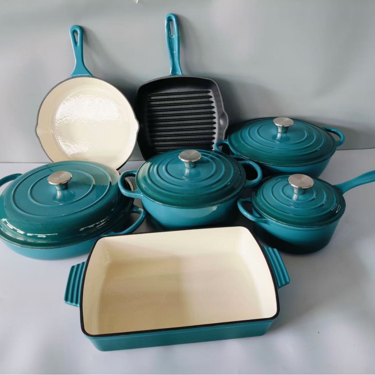 7pcs Modern Enamel Cast Iron Cookware Set Multi-Layer Base Multi-Function Non-Stick Frying Pan and Stew Pot for Home Kitchen Use
