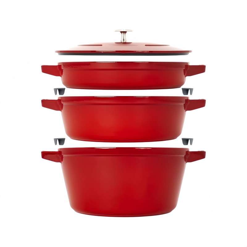Enameled Cast Iron Set 3-pc Stackable Space-Saving Cookware Set Casserole Skillet Grill Pan with Universal Lid