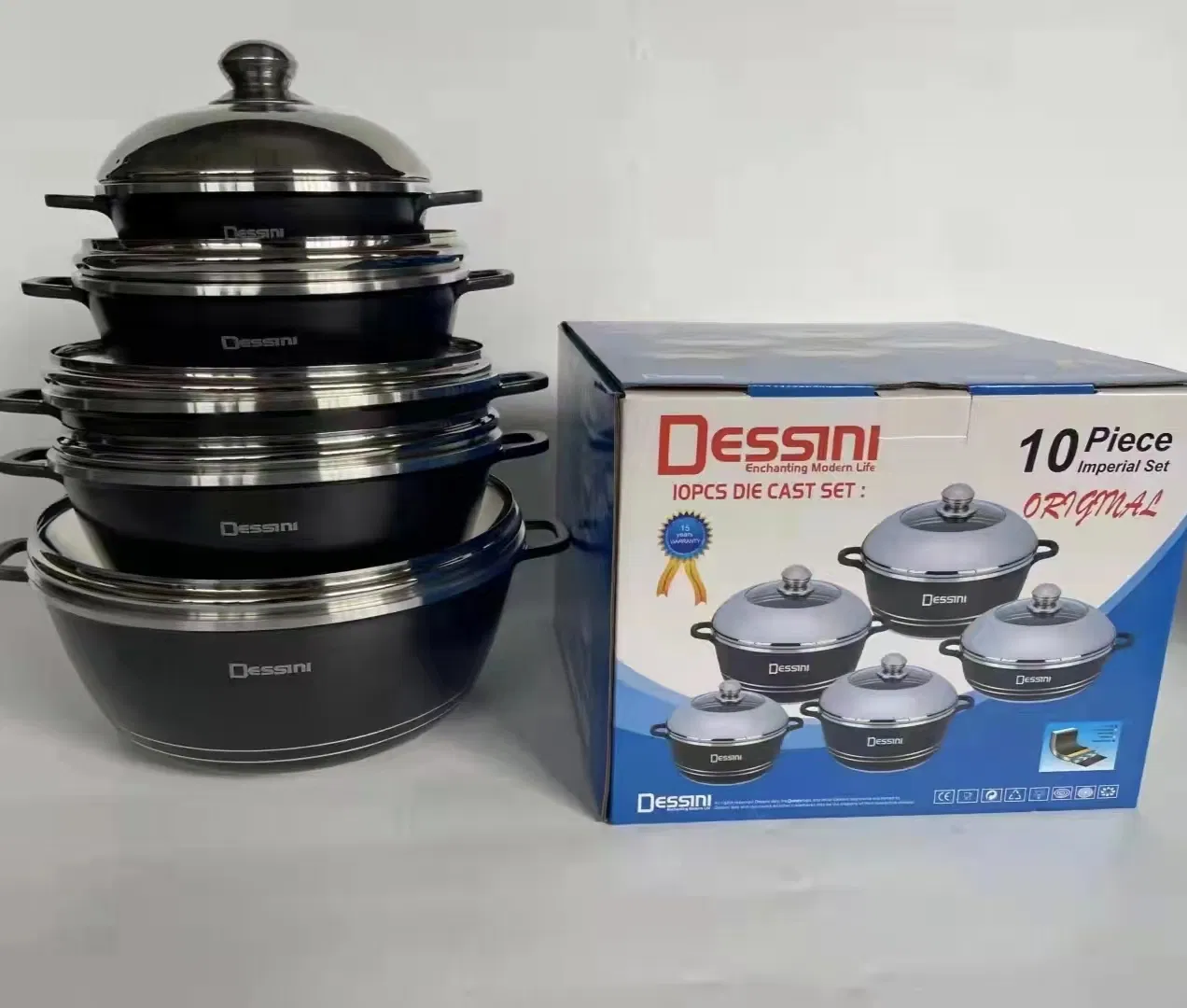 Hot Selling Die Cast Aluminum Non Stick Dessini 10 PCS Cookware Sets with 2 in 1 S/S Covers